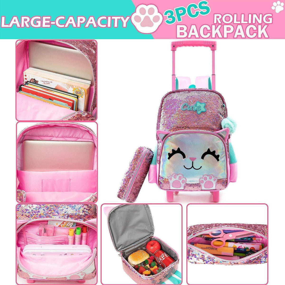 Mädchen Rolling Backpack mit Rädern & Pailletten-Katze 6-8 Jahre