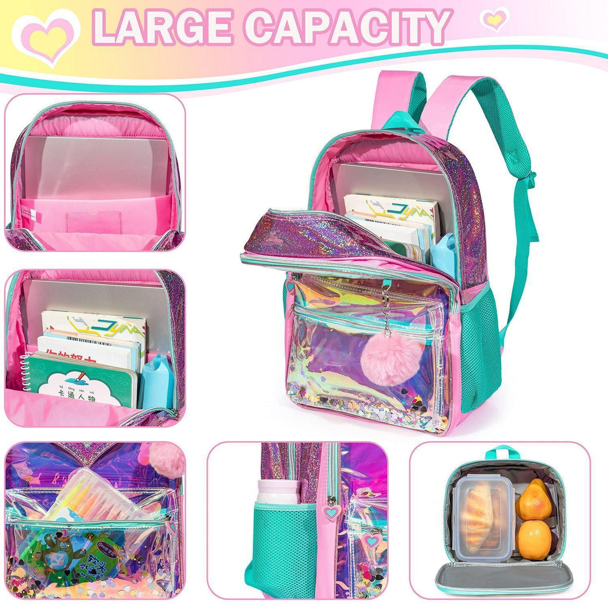 Mädchen Rolling Backpack Set mit Rädern & Lunchbox 6-8 Jahre