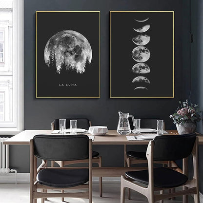 Modernes Schwarz Weiß Mondphasen Poster Set 50x70cm