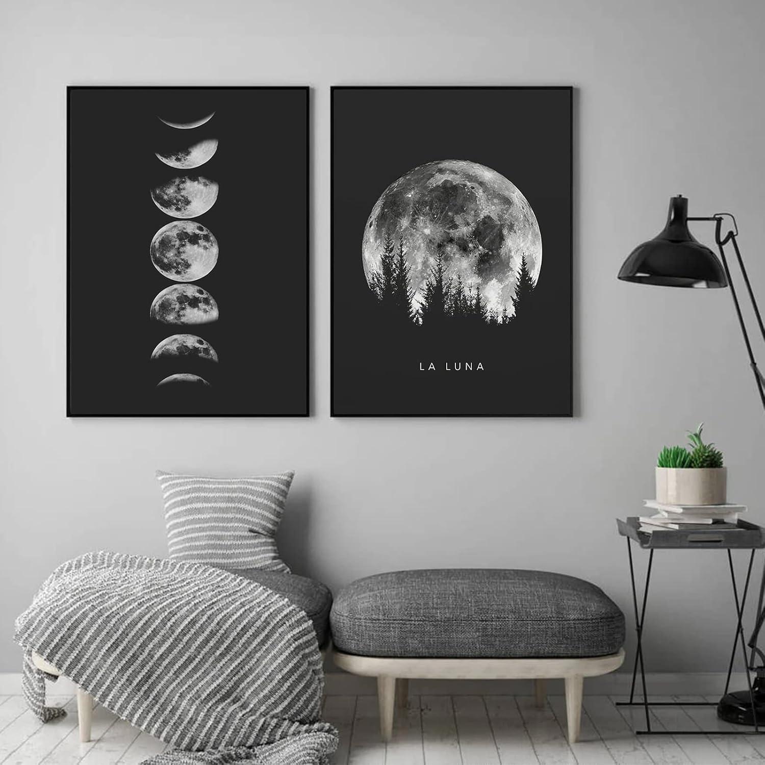 Trayosin Schwarz Weiß Mondphasen Poster Set, Modernes Wandbild 50x70cm