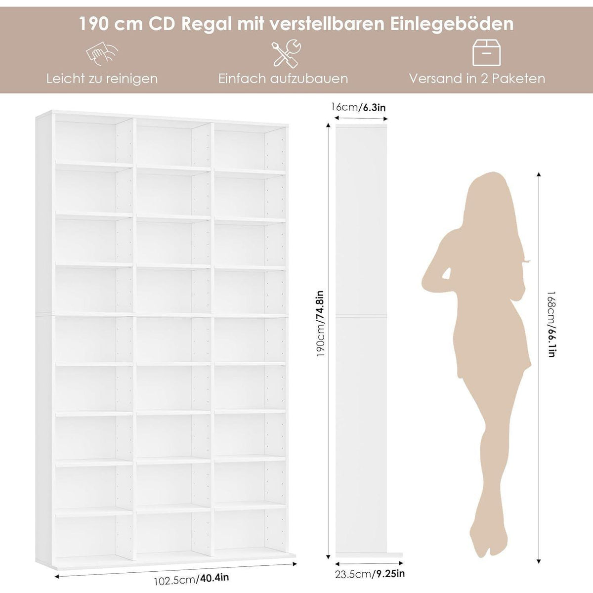 190 cm Bücherregal weiß mit verstellbaren Ablagen & CD-Fächern
