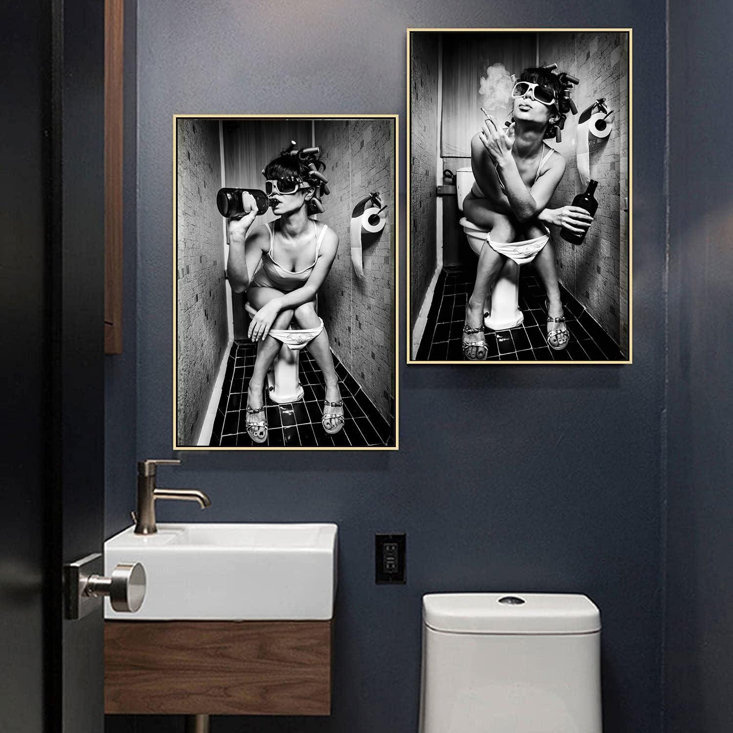 Badezimmer Leinwandbild Schwarz Weiß Set Vintage Dame Poster 4er-Set