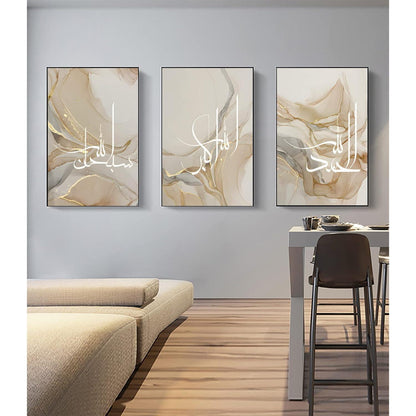 Islamische Kalligraphie Leinwandbilder Marmoroptik 3er Set 50x70cm Gold