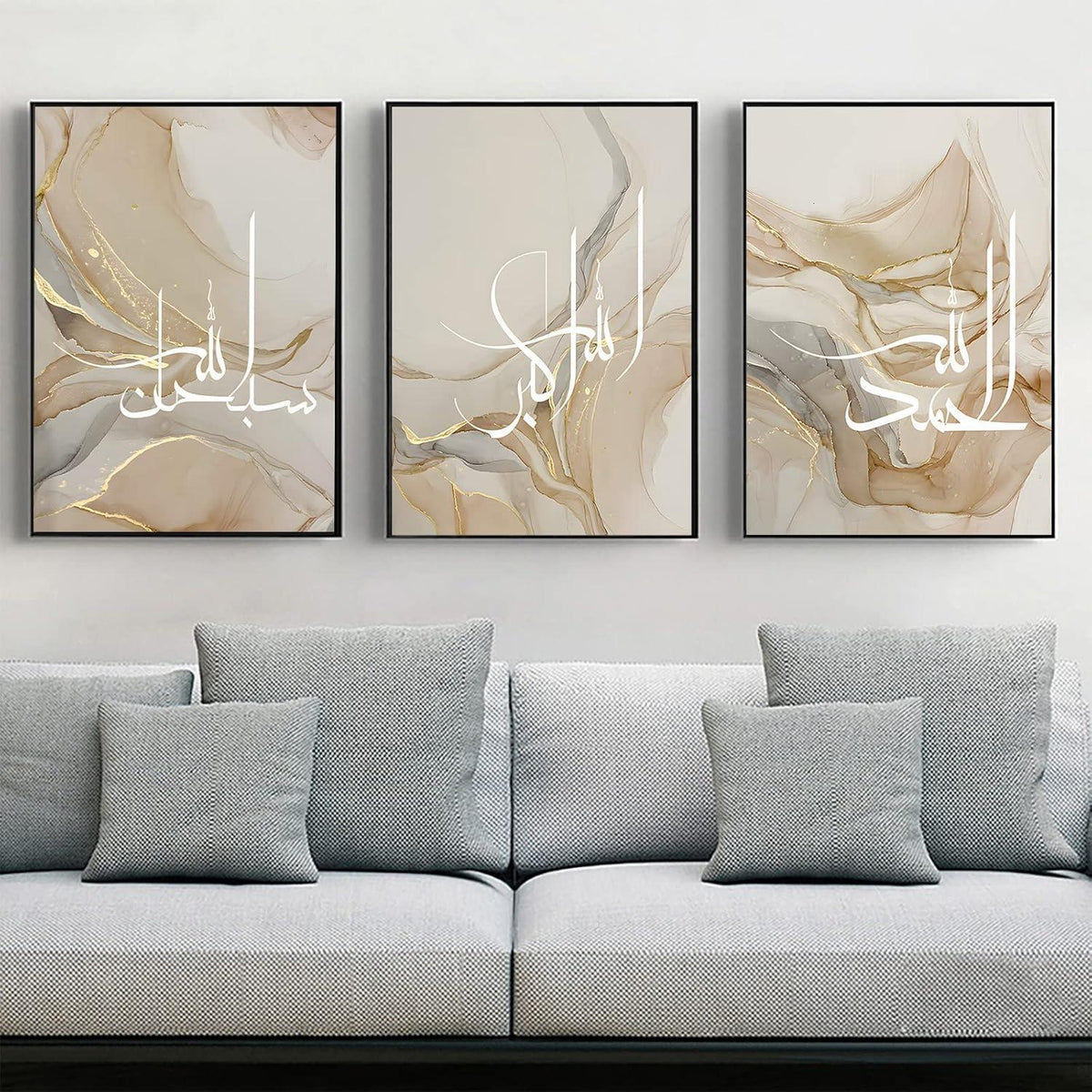 Islamische Kalligraphie Leinwandbilder Marmoroptik 3er Set 50x70cm Gold