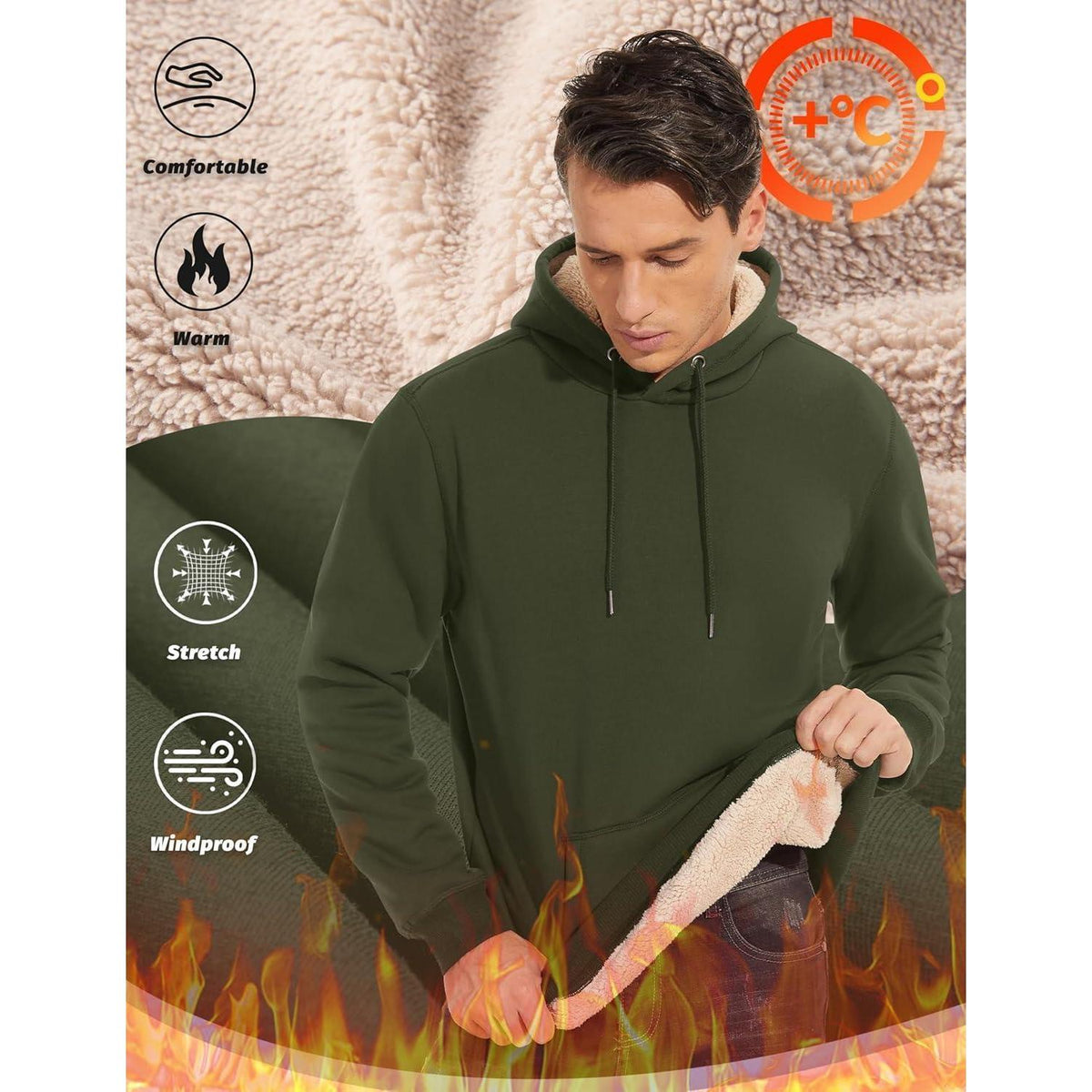 Herren Sherpa Hoodie mit Kängurutasche, Armeegrün XXL