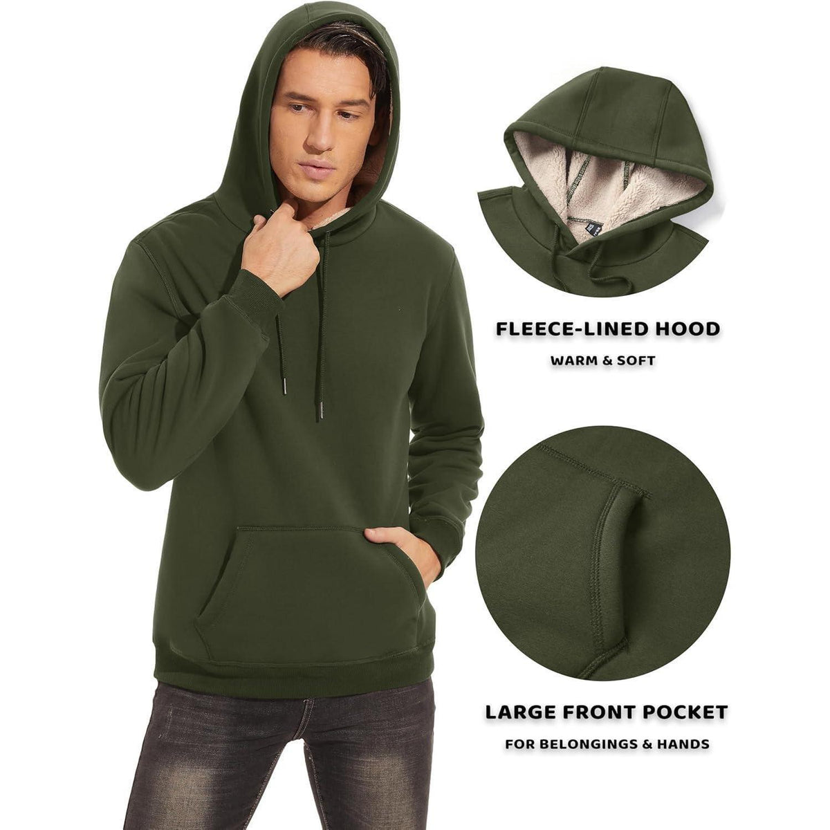 Herren Sherpa Hoodie mit Kängurutasche, Armeegrün