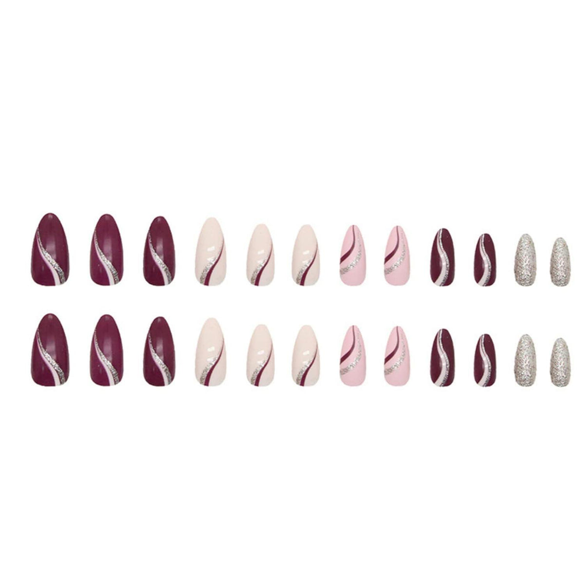 24 Stück Stiletto Nägel Plum Red Glitter Swirl Mandel Acryl Fake Nägel