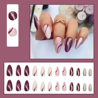 24 Stiletto Nägel Aufkleben Kurz Red Glitter Swirl Kunstnägel