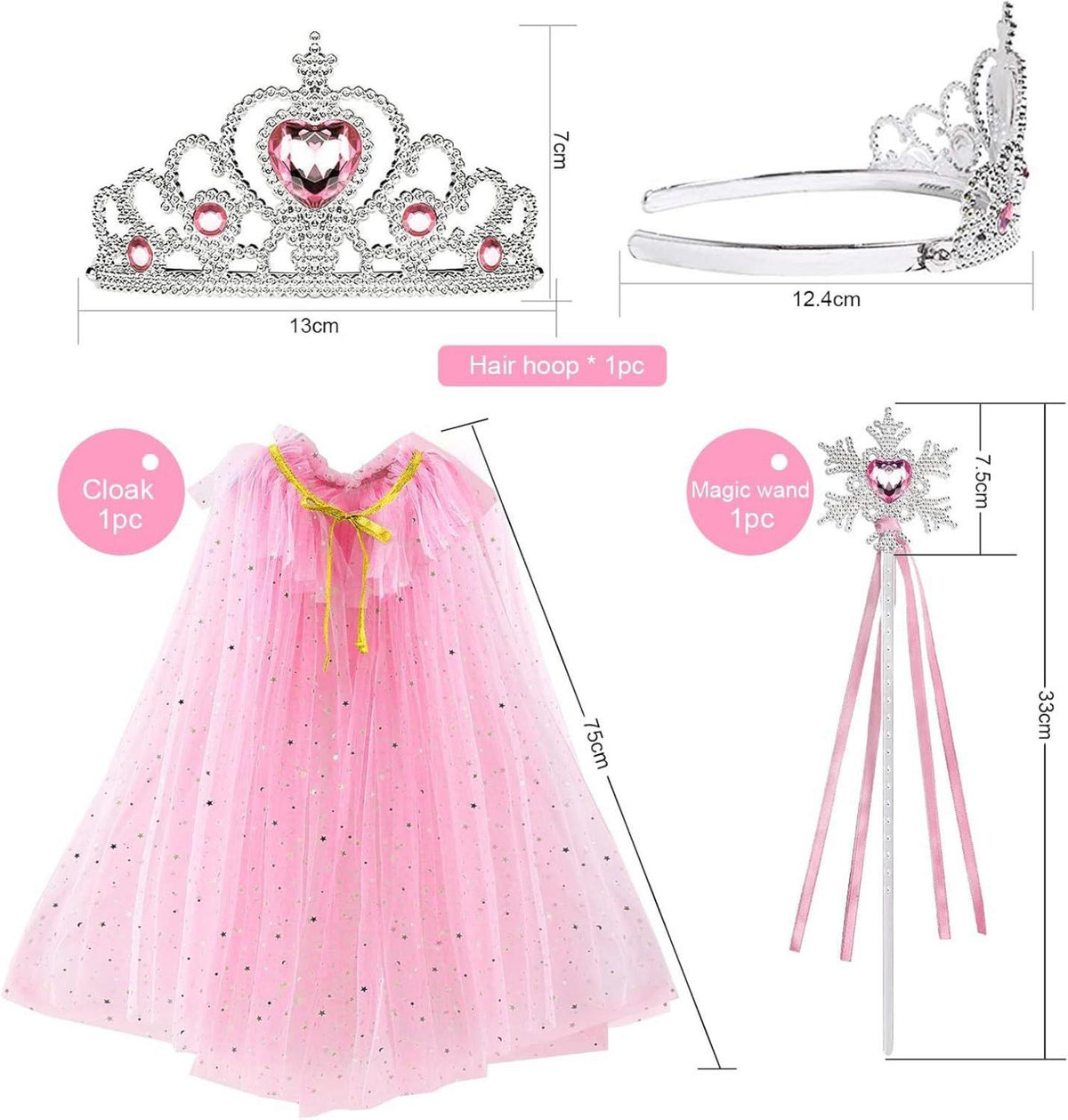 Mädchen Prinzessin Umhang Rosa mit Krone und Zauberstab