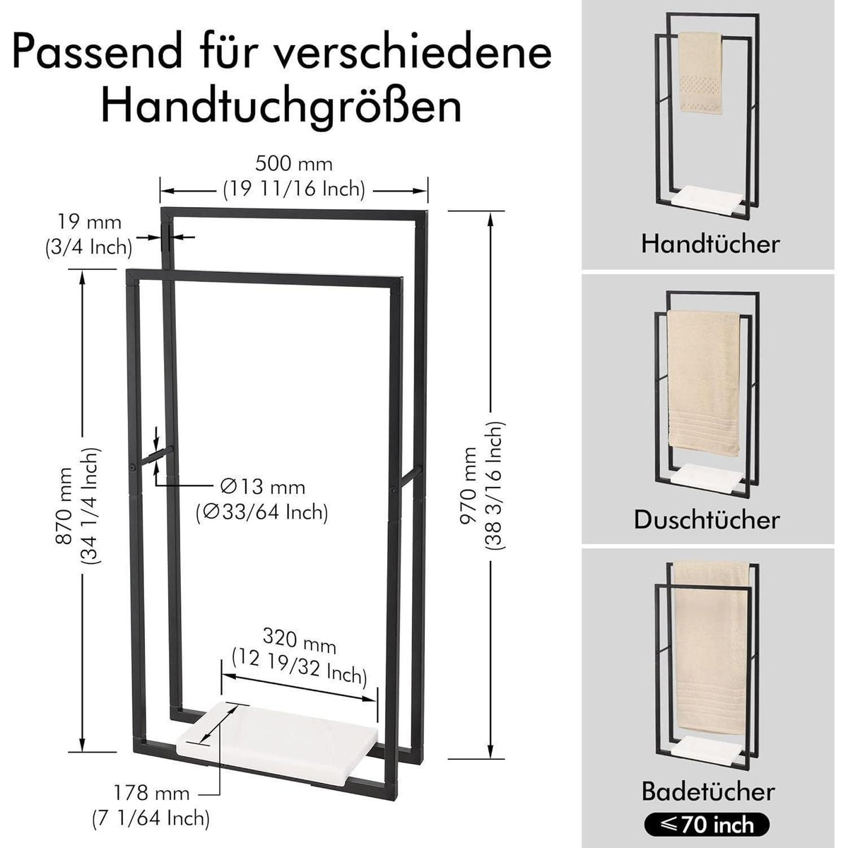 Freistehender Handtuchhalter Marmor & Metall Schwarz 87/97cm