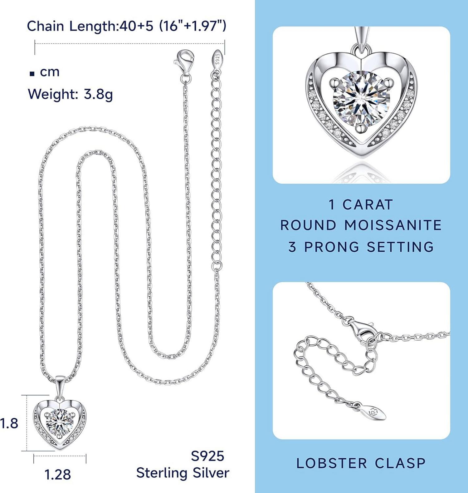 MomentWish Halskette Damen Silber 925 Moissanit Anhänger Herz Valentinstag Geschenkbox