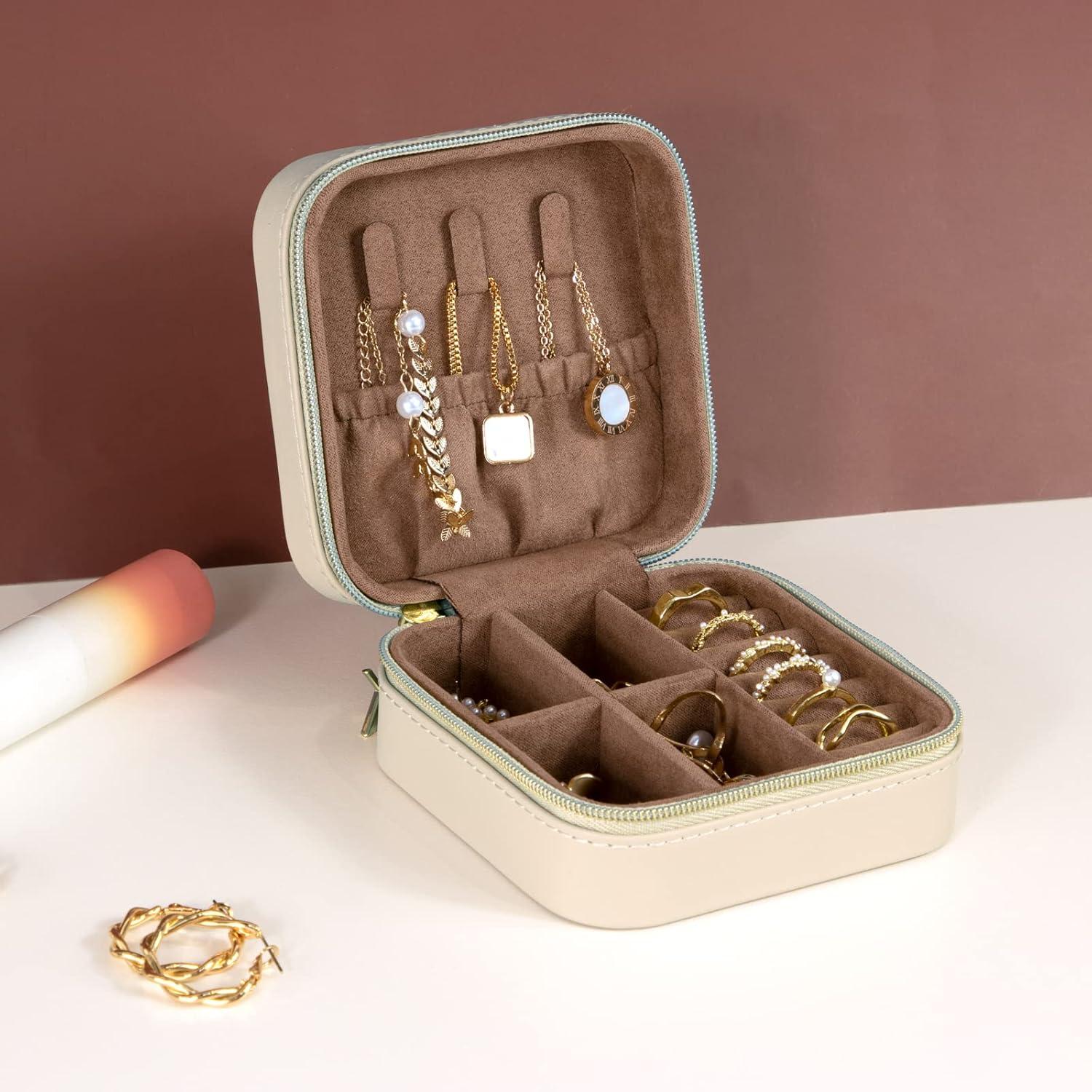 Kleine Schmuckkästchen PU Leder Tragbarer Reise Etui Beige