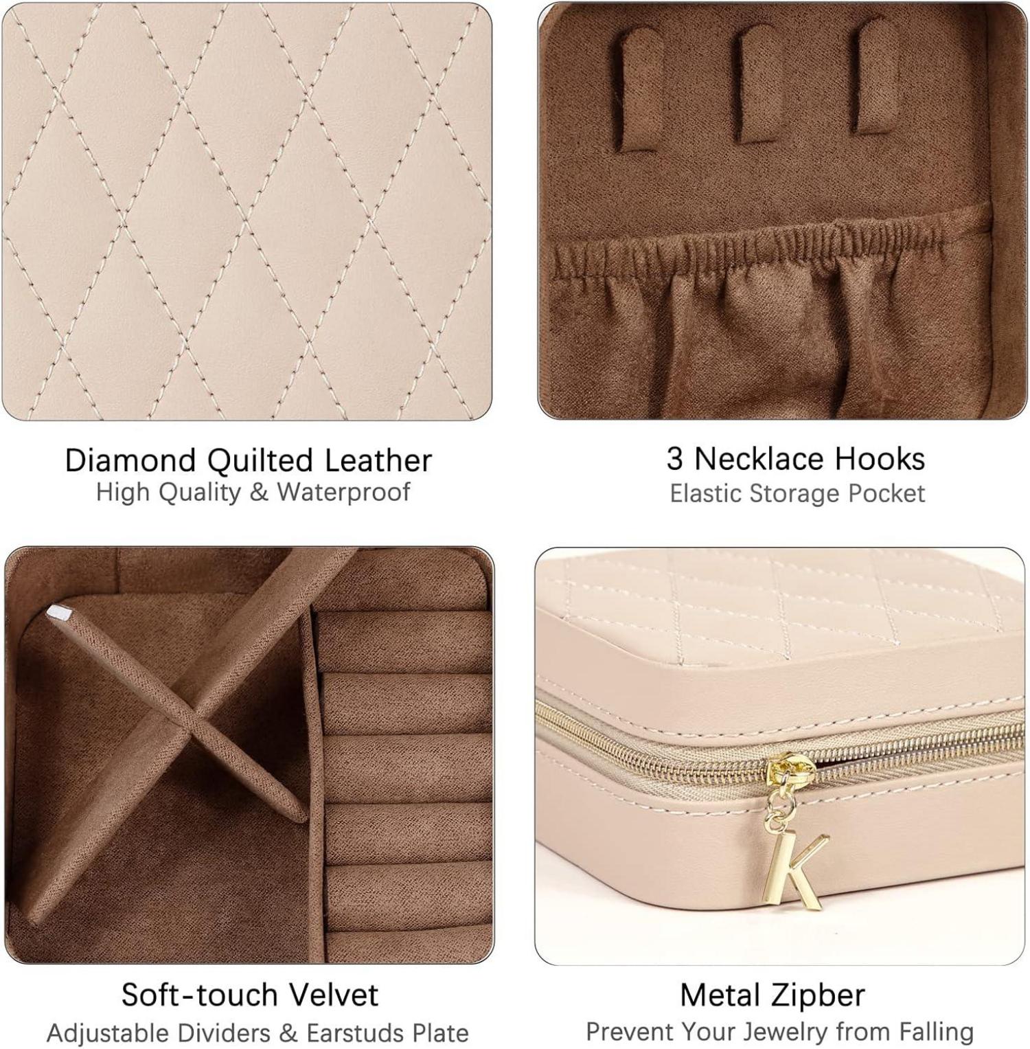 KAMIER Kleine Schmuckbox für Damen, Tragbare Reise Schmuckaufbewahrung, PU Leder Minikoffer - Beige