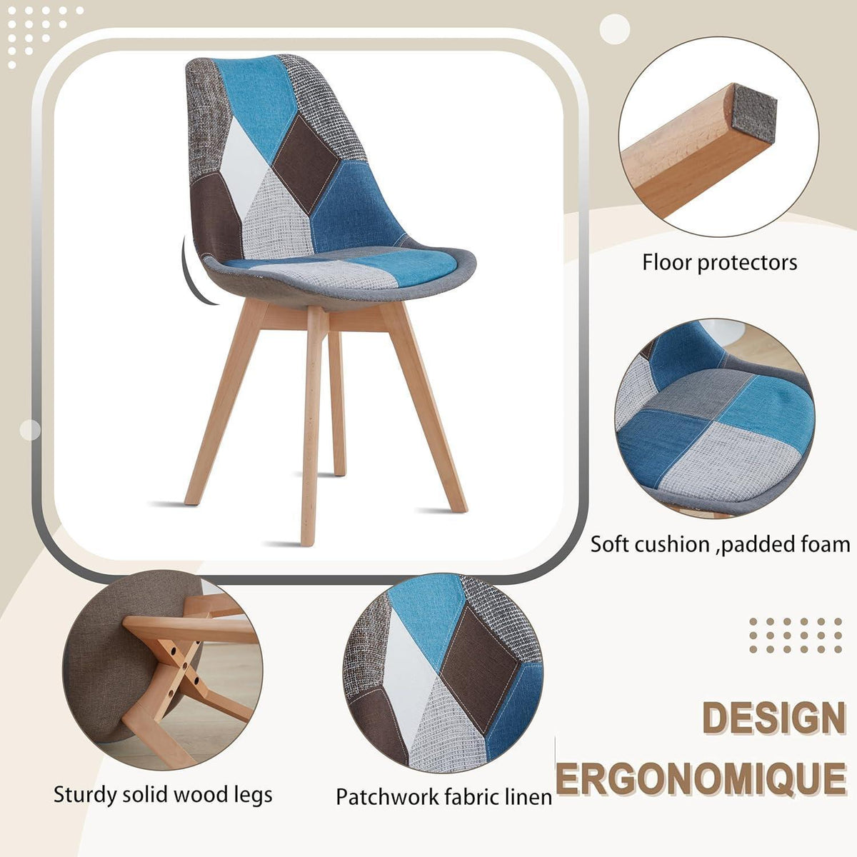 Patchwork Esszimmerstühle Set (2) – Blau mit Sitzkissen