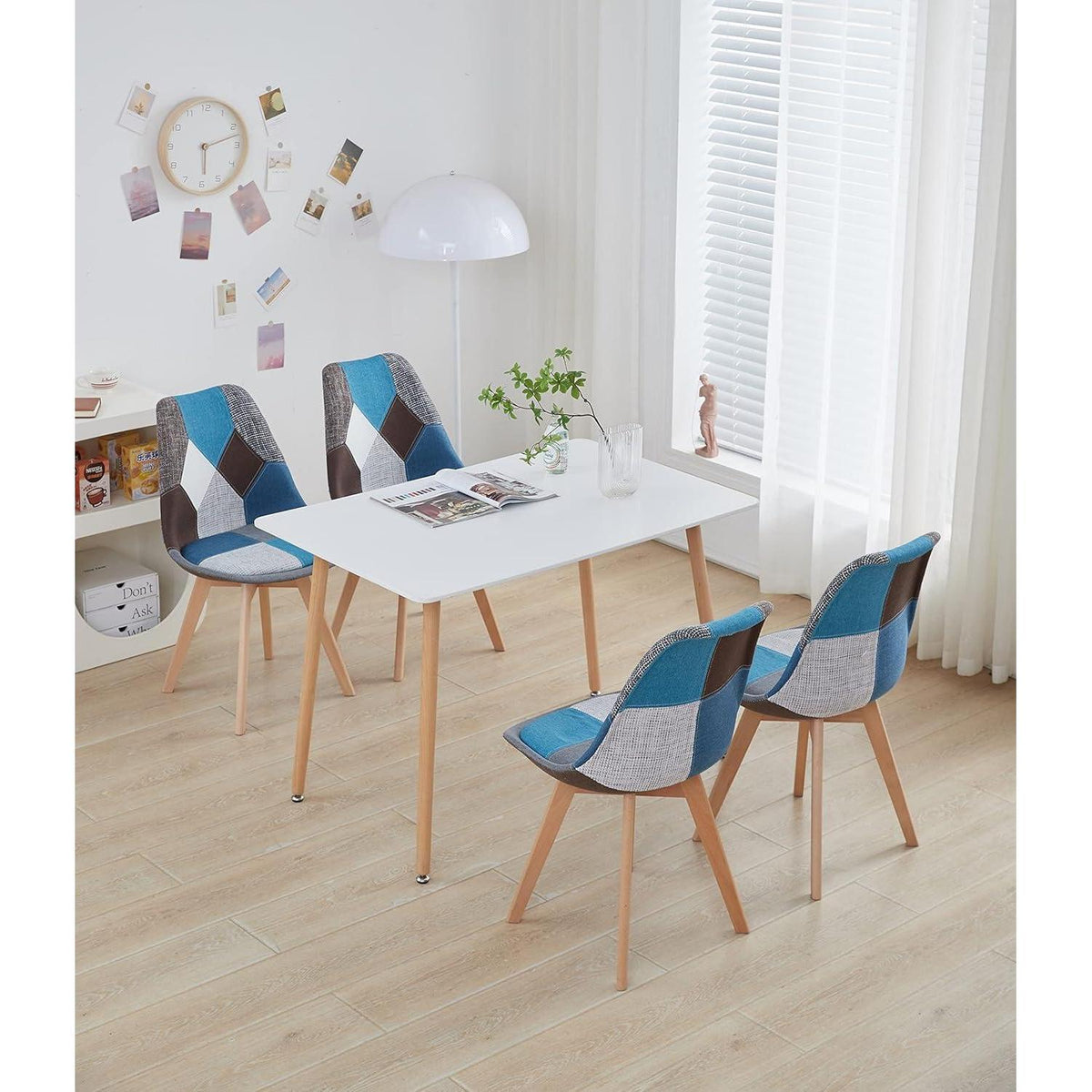Patchwork Esszimmerstühle Set Blau mit Sitzkissen & Holzbeinen