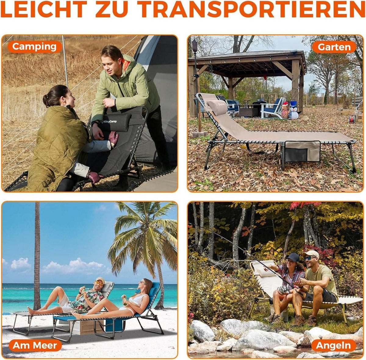 KingCamp Übergroße Sonnenliege Klappbar 5-Fach Verstellbar Gartenliege Blau 200 x 68 cm