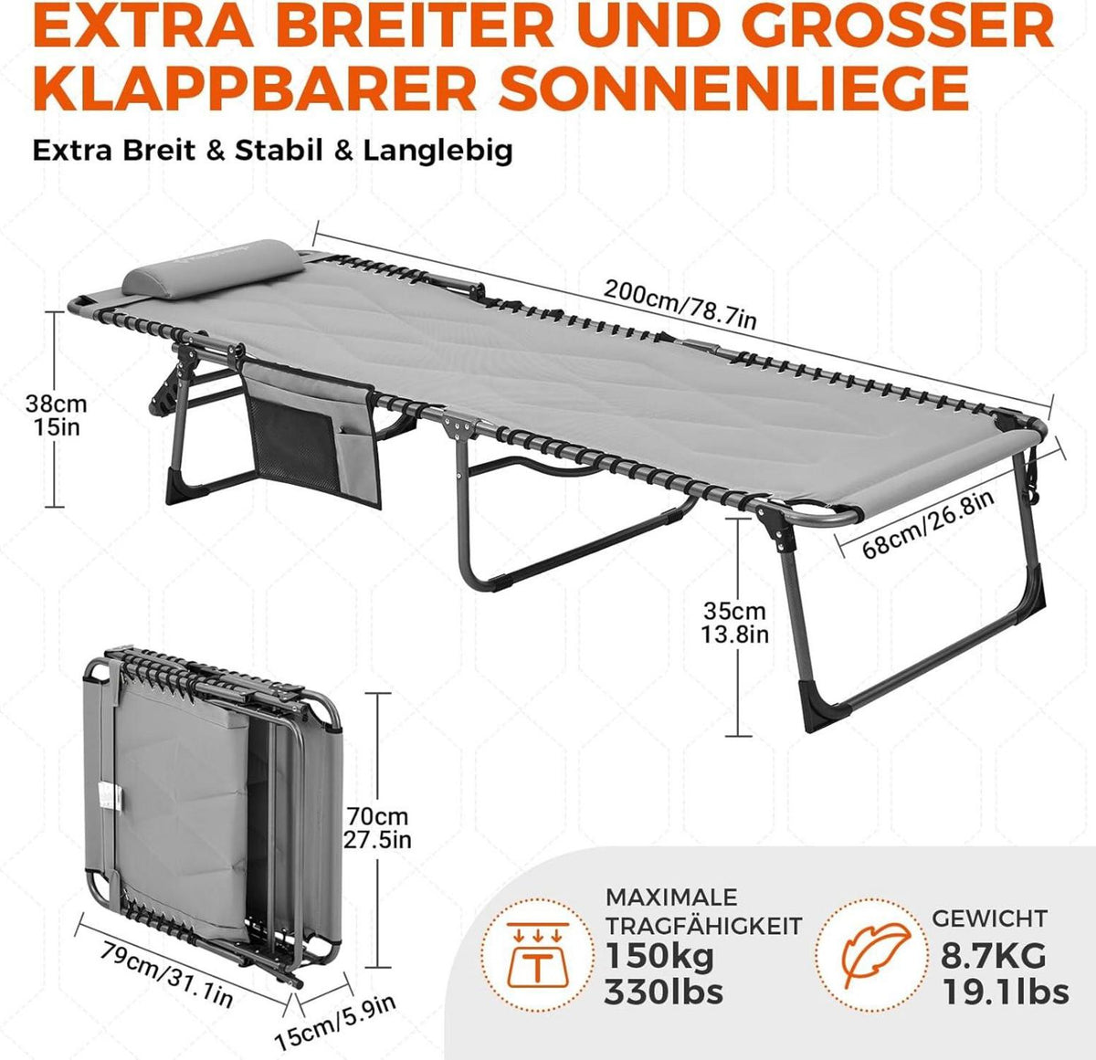 Übergroße Klappbare Sonnenliege 5-Fach Verstellbar Gartenliege 150 kg