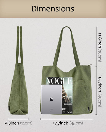Große Damen Handtasche Cord Shopper Grün Beuteltasche