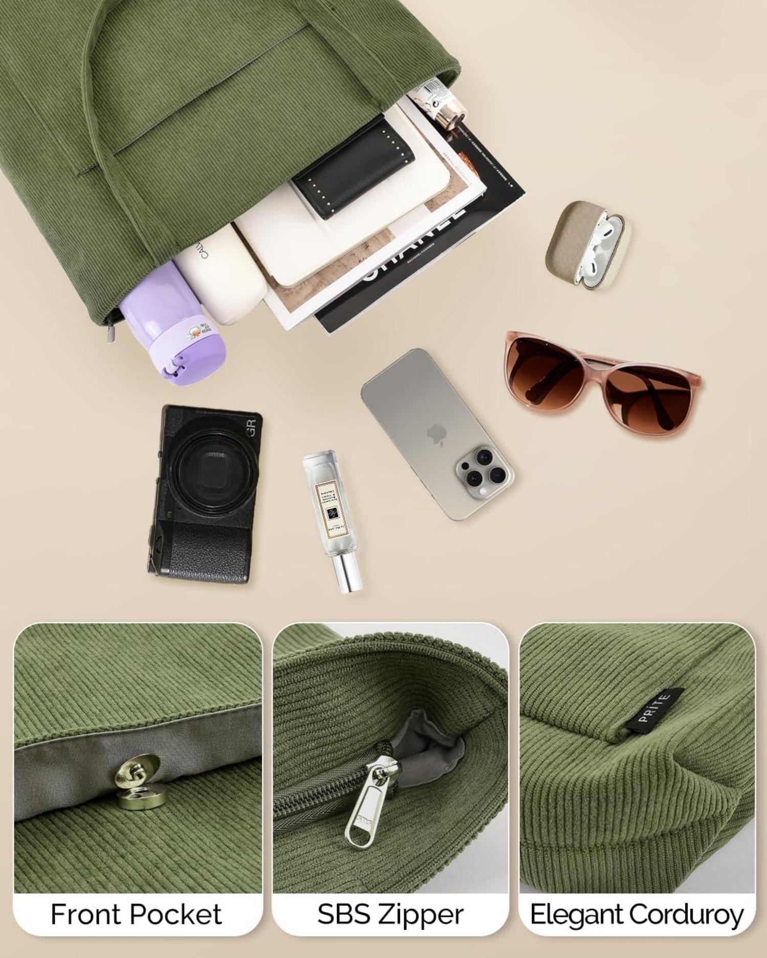 Große Cord Handtasche Damen Tote Bag Umhängetasche Stofftasche Grün