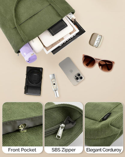 Große Cord Handtasche Damen Tote Bag Umhängetasche Stofftasche Grün