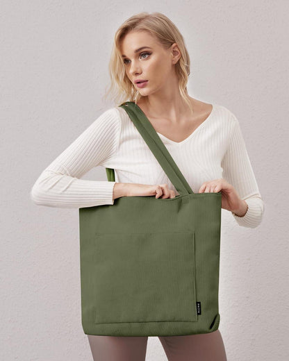 Große Cord Handtasche Damen Tote Bag Umhängetasche Stofftasche Grün