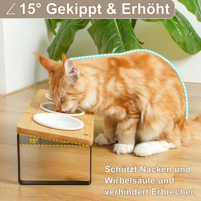 Katzen Napf Set erhöht Keramik Holz 3 Teilig Ø12cm