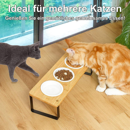 Katzen Napf Set Erhöht Keramik Holz Futterstation 3-teilig Ø12cm