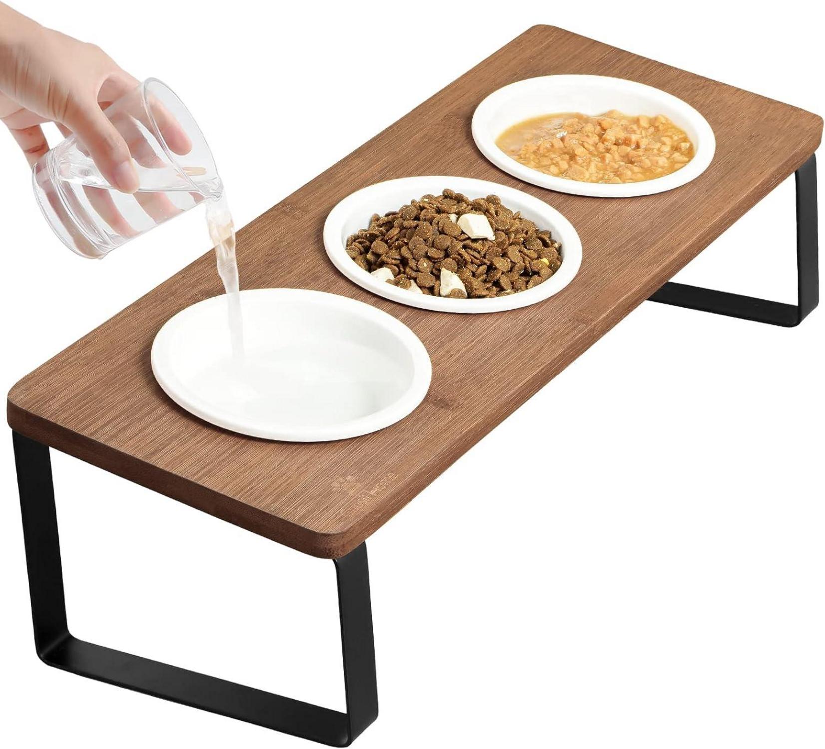 Erhöhte Katzennapf Futterstation Keramik Napf 3er Set Holz Ø12cm braun