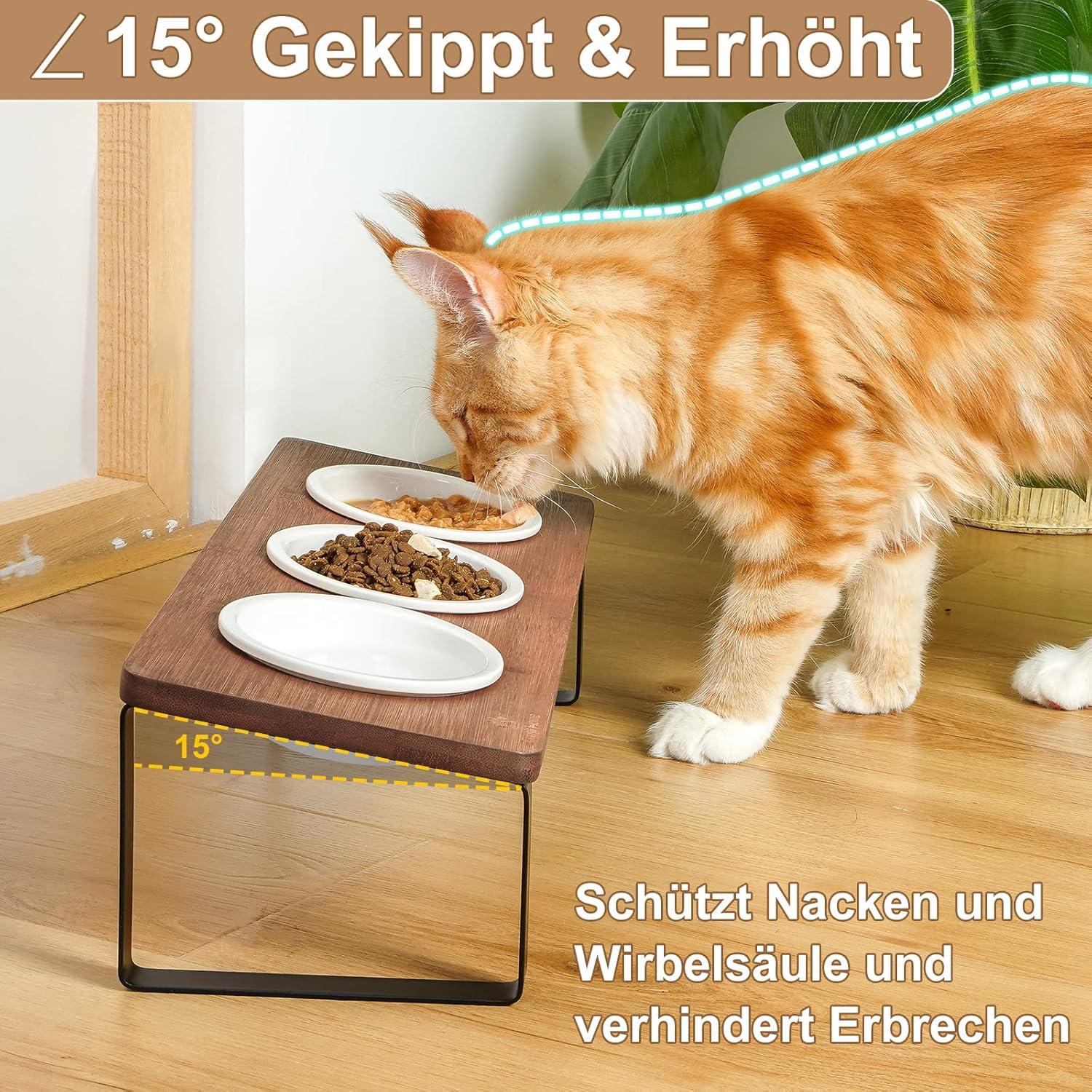 Erhöhte Katzennapf Futterstation Keramik Napf 3er Set Holz Ø12cm braun