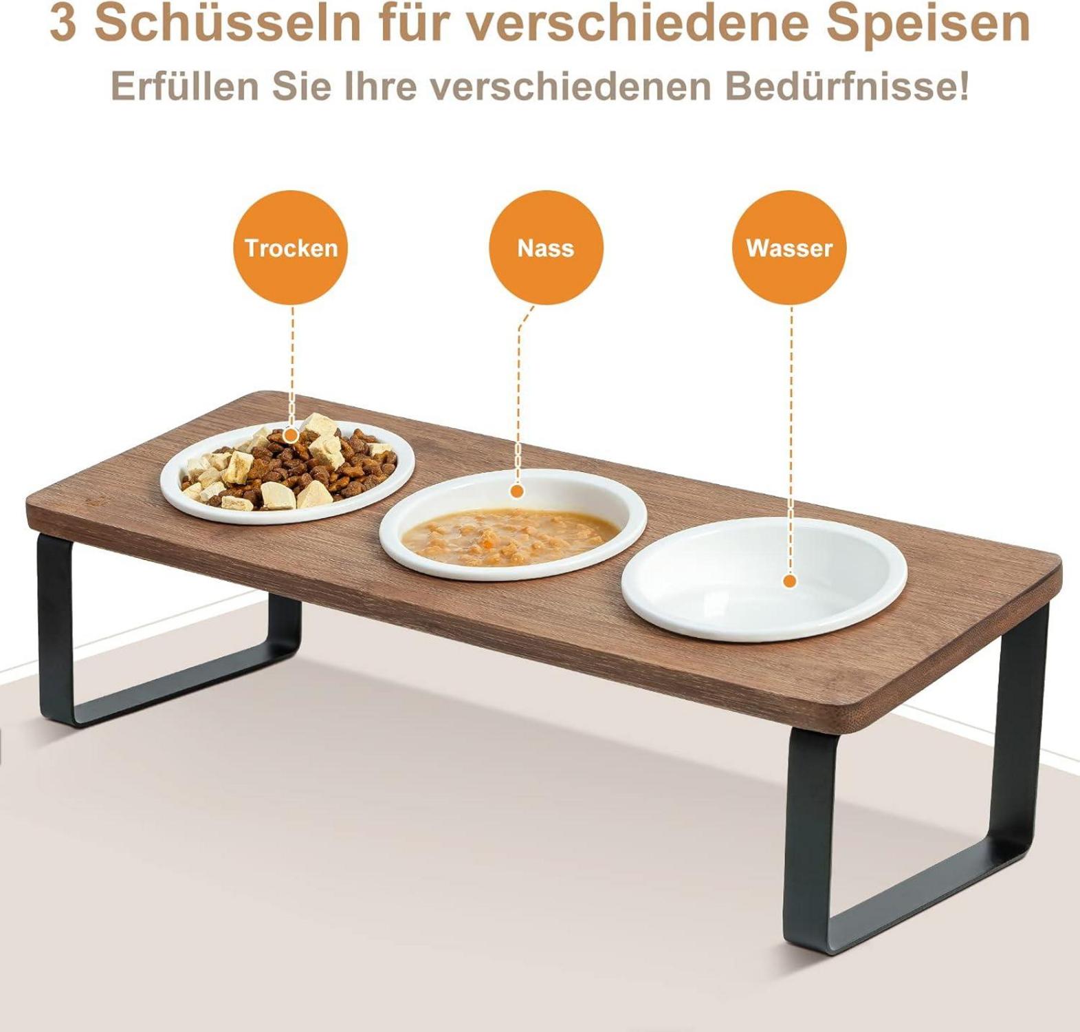 Erhöhter Katzennapf Set Keramik Holz, Futterstation 3-teilig