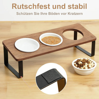 Katzen Napf Set Erhöht 3er Holz Keramik Futternapf 12cm Braun