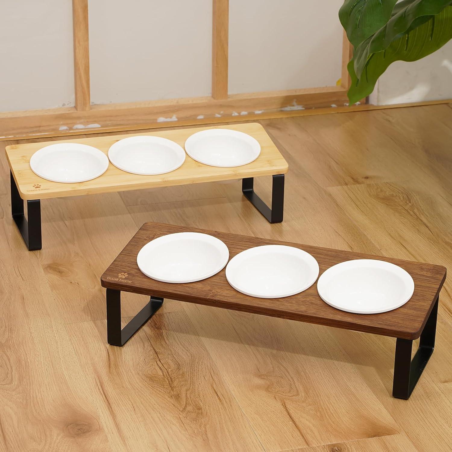 Erhöhter Katzennapf Set Keramik Holz 3-teilig Fressnapf Ø12cm Braun