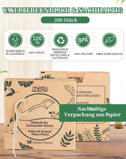 200 Stk. Zahnseide Sticks - Nachhaltige Dental Floss picks - Vegan & reißfest - Plastikfrei & natur - Zahnhygiene