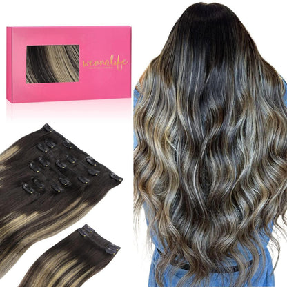Clip In Echthaar Extensions Balayage Schwarz-Blond 35cm