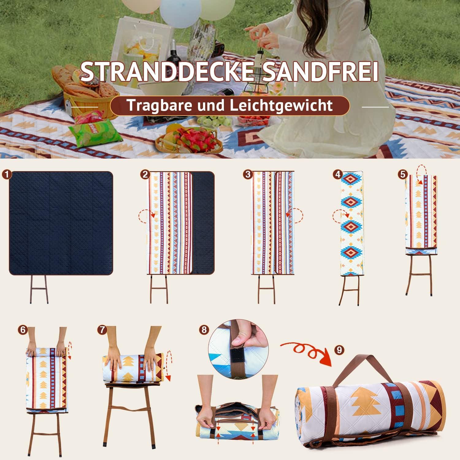 Picknickdecke 200x200cm Stranddecke Sandfrei Waschbar Beige
