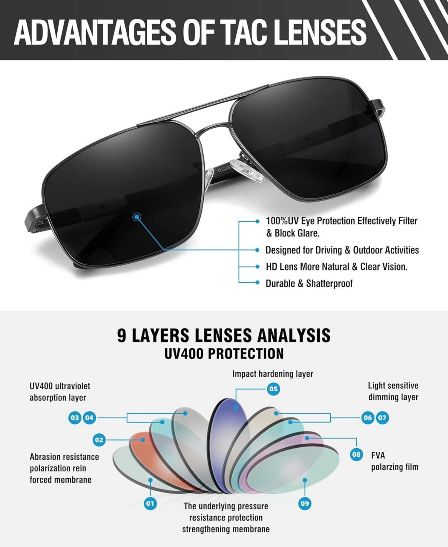 DUCO Polarisierte Sonnenbrille Retro Square Rechteckige Gestell UV400 3379
