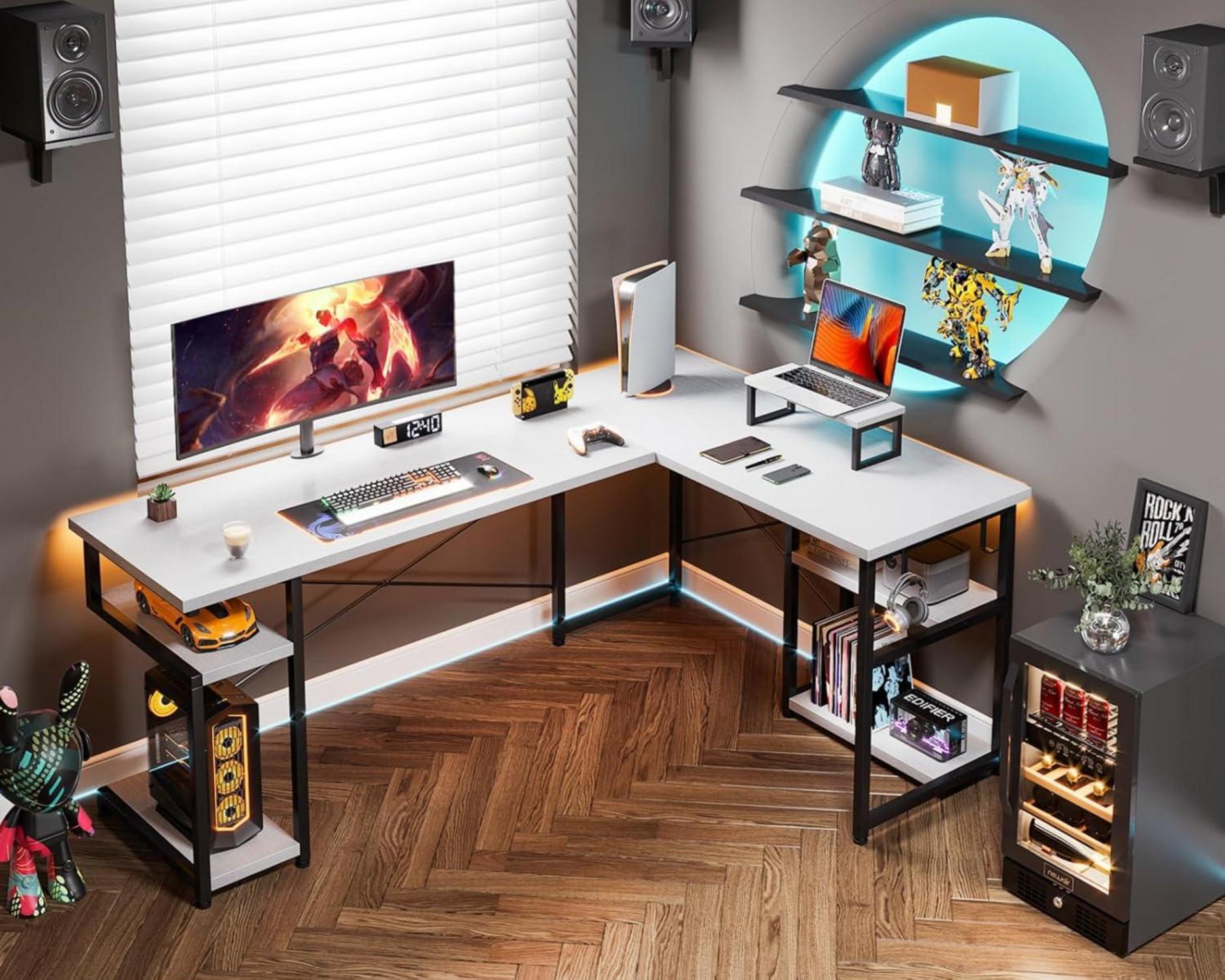 Gaming Schreibtisch Eckschreibtisch Weiß 148x120 cm mit Regal & Monitorständer