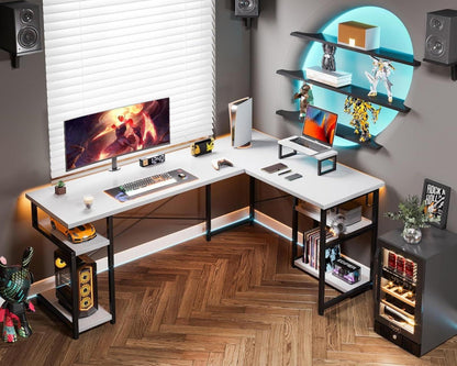 Gaming Schreibtisch Eckschreibtisch Weiß 148x120 cm mit Regal & Monitorständer