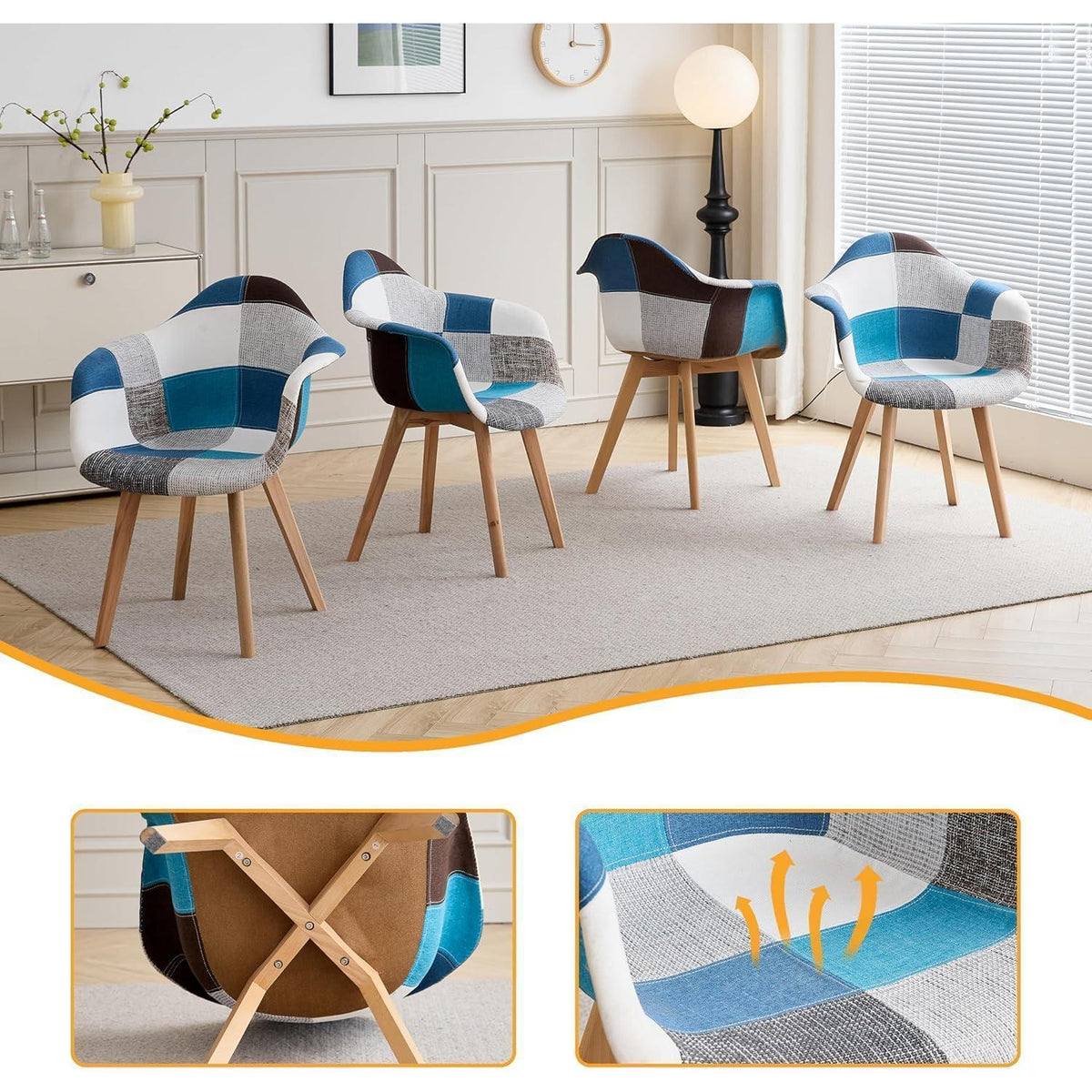 2 Esszimmerstühle Patchwork Blau mit Armlehnen & Buchenholz