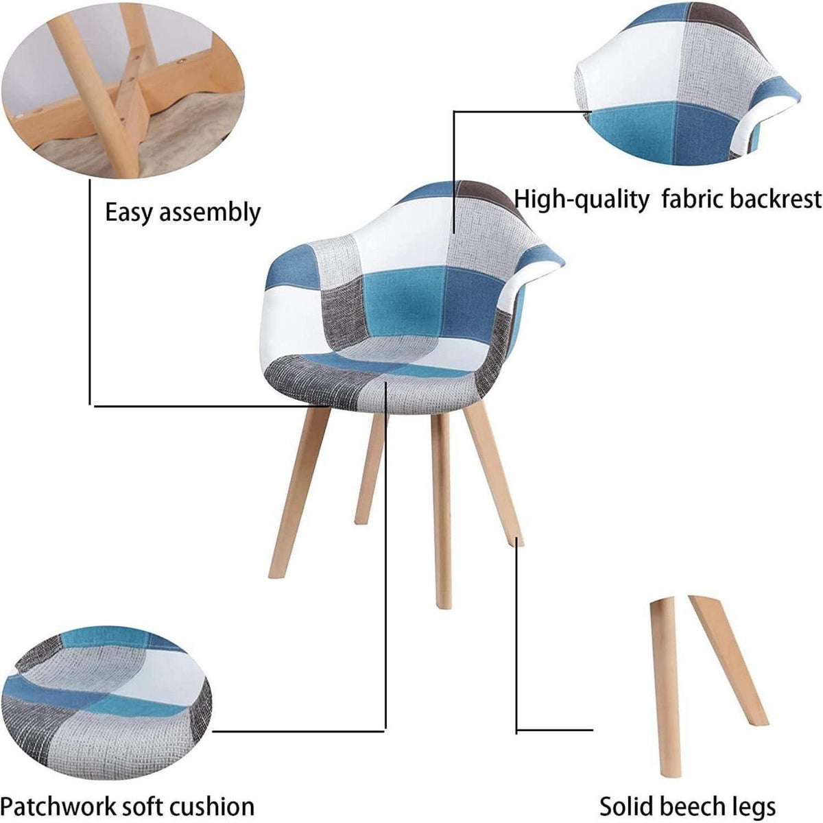 2 Esszimmerstühle Patchwork Blau mit Armlehnen & Buchenholz