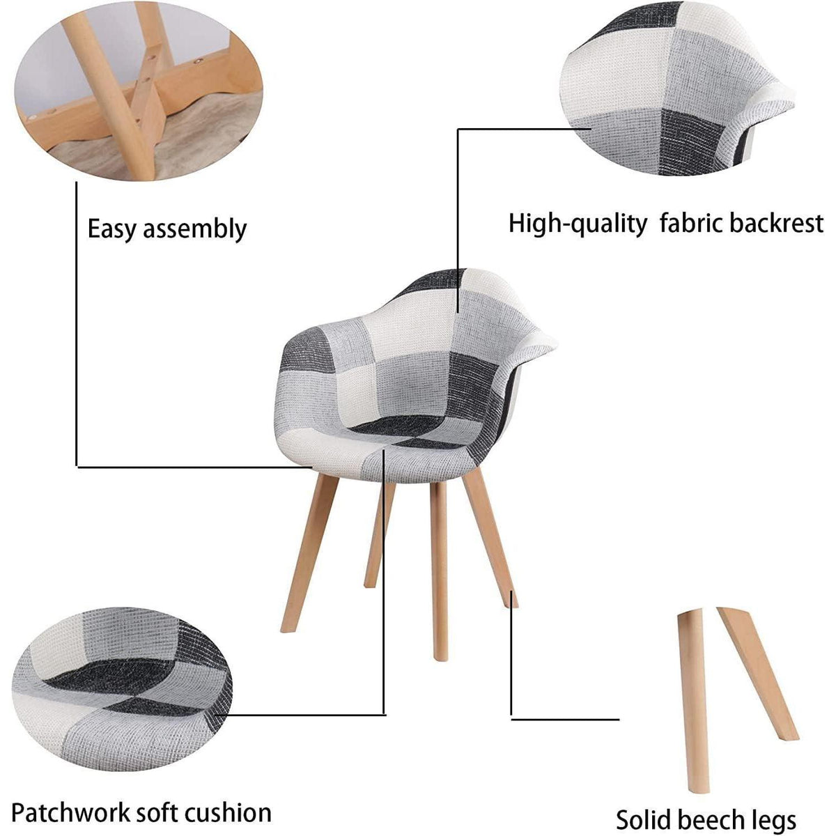 Patchwork Esszimmerstühle mit Armlehnen – 4er Set Schwarz Weiß Grau