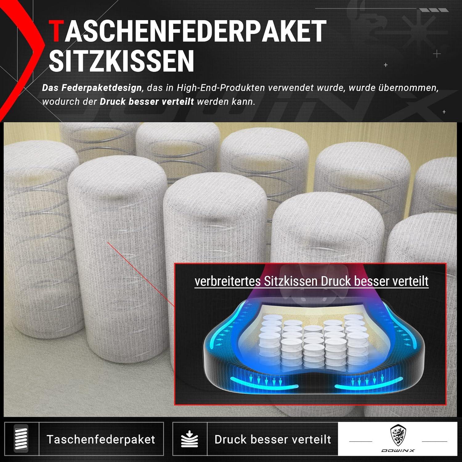 Dowinx Gaming Stuhl mit Massage und Frühlingskissen, ergonomisch, PU Leder, Schwarz Grau
