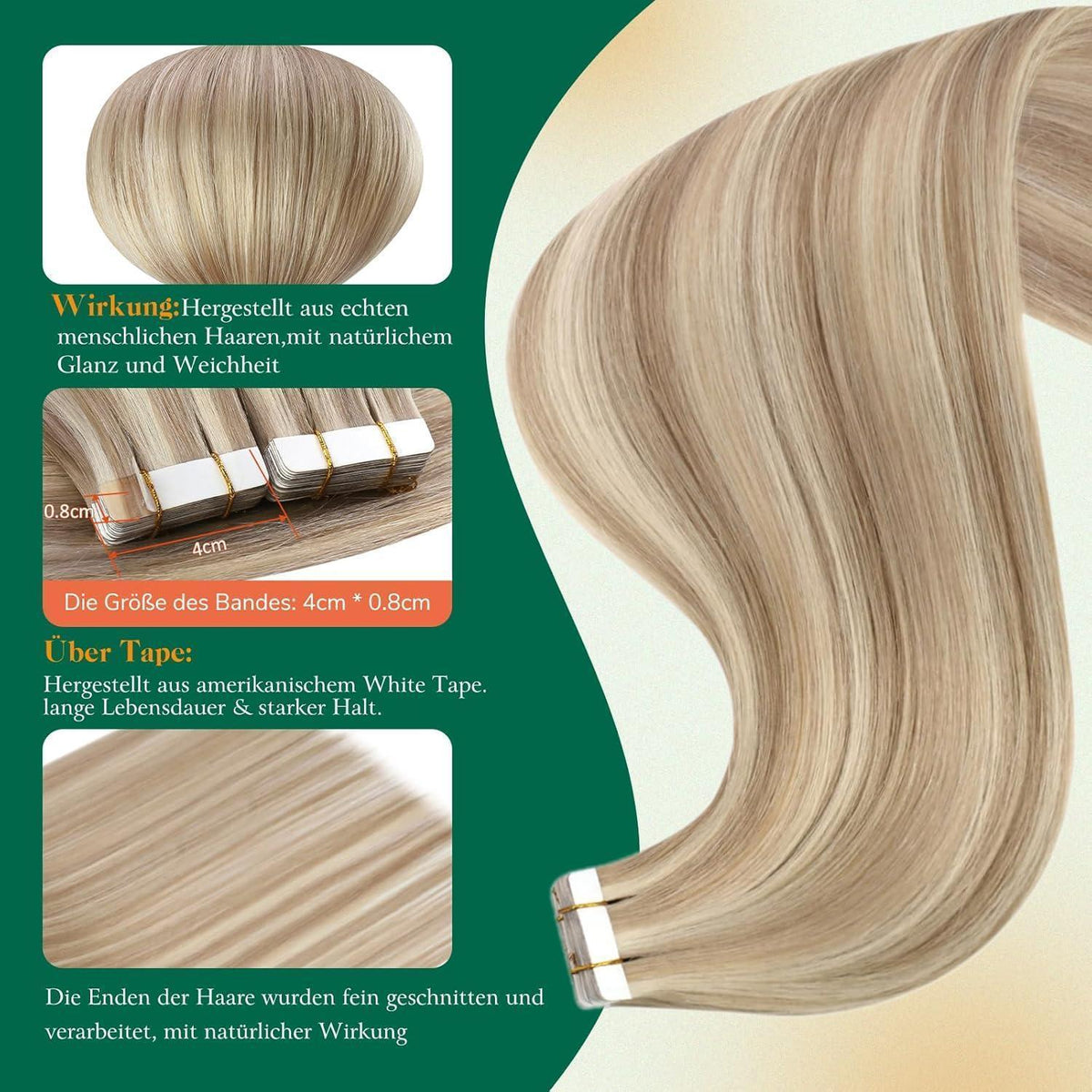 Echthaar Tape Extensions 60cm Blond – #18/613, 50g