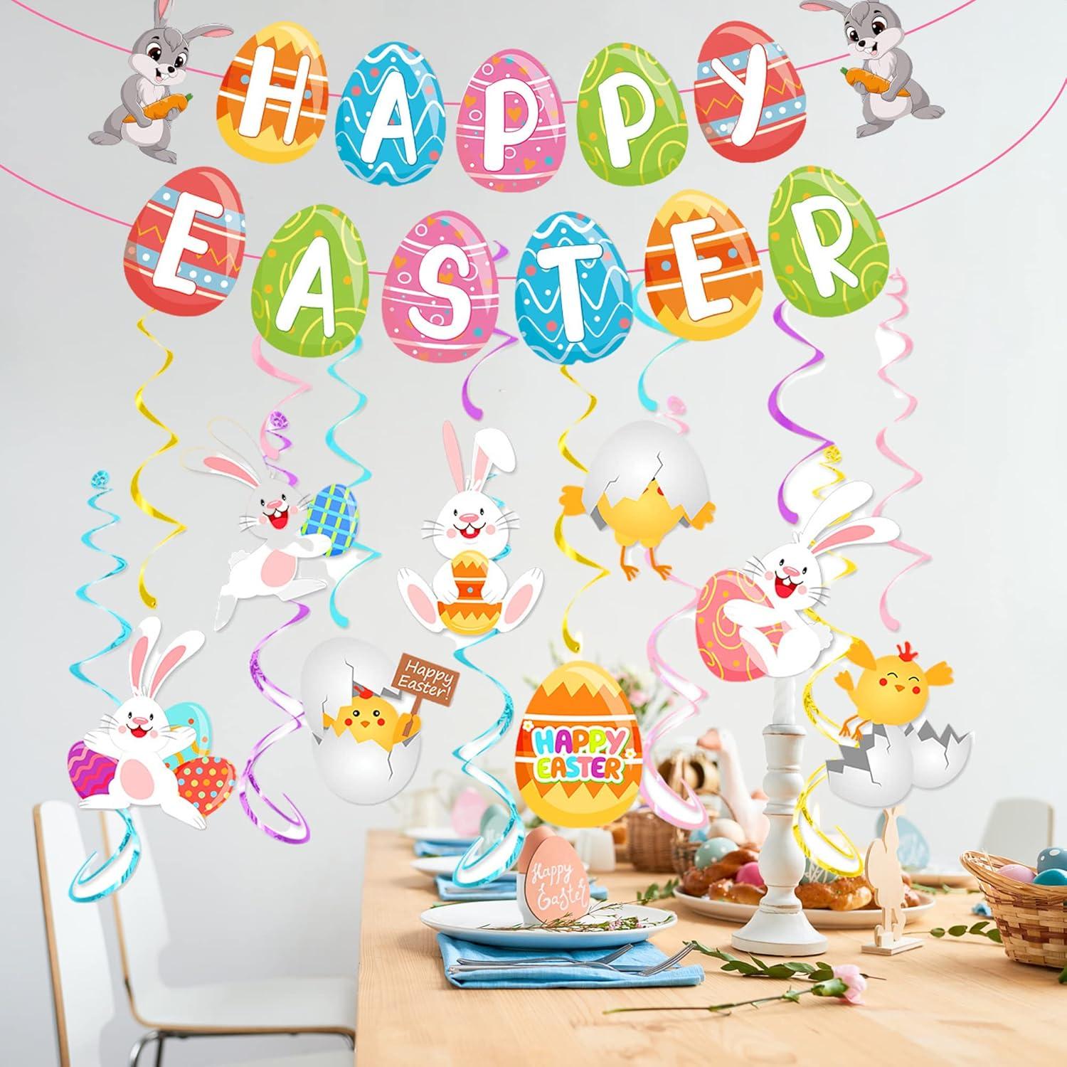 36Pcs Happy Easter Decorations Hanging Banner Bunny Egg