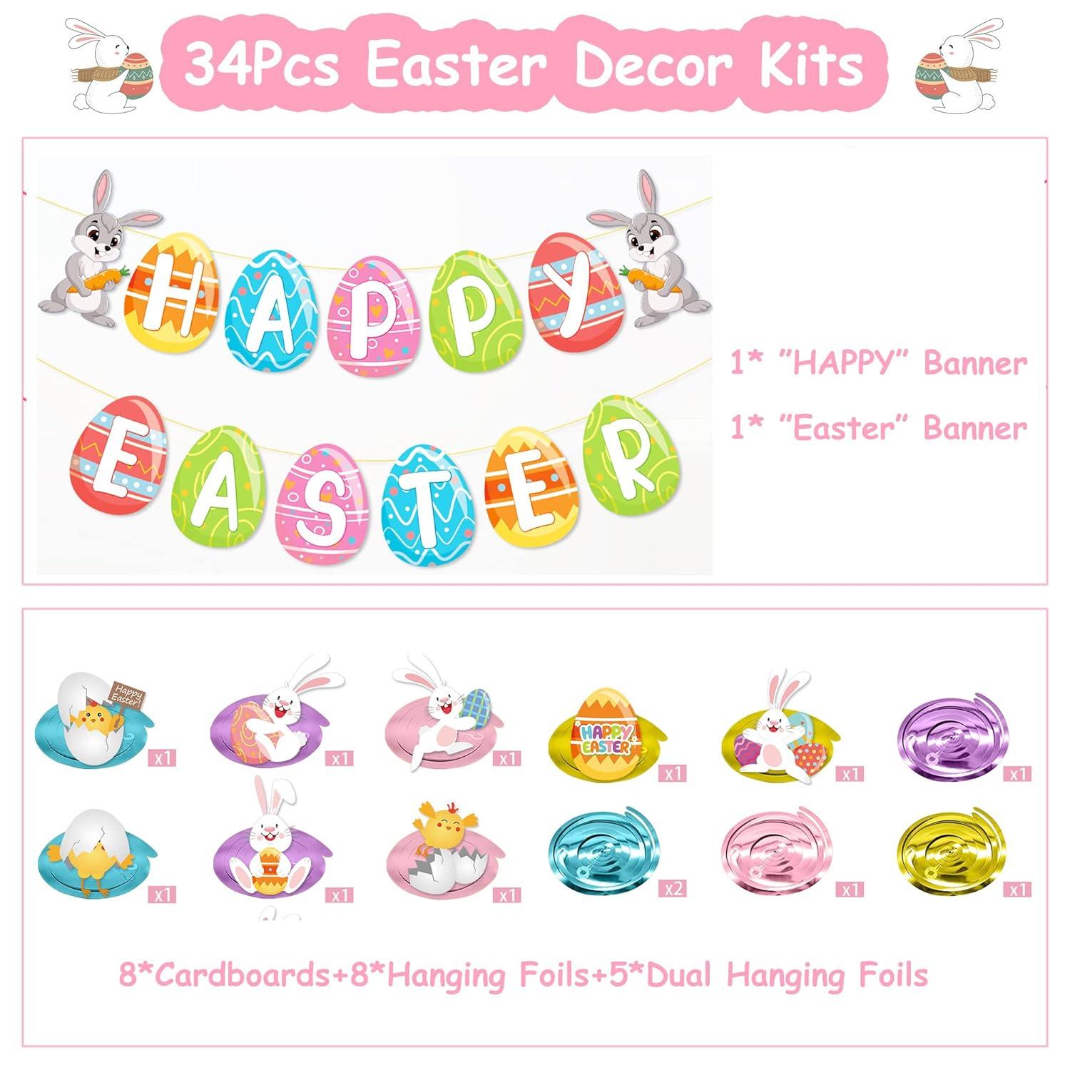 36Pcs Easter Hanging Banner Bunny Rabbit Egg Decor Kit