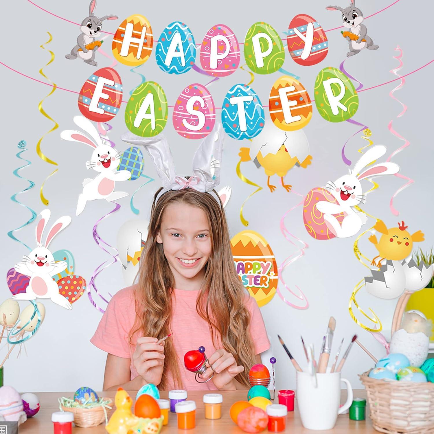 36Pcs Easter Hanging Banner Bunny Rabbit Egg Swirl Decorations Home Party Decor