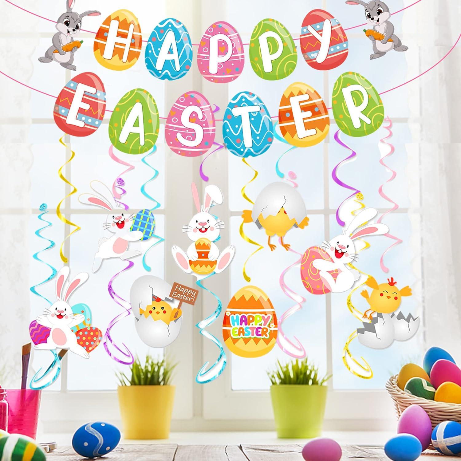 36Pcs Easter Hanging Banner Swirl Decorations Bunny Egg Home Decor