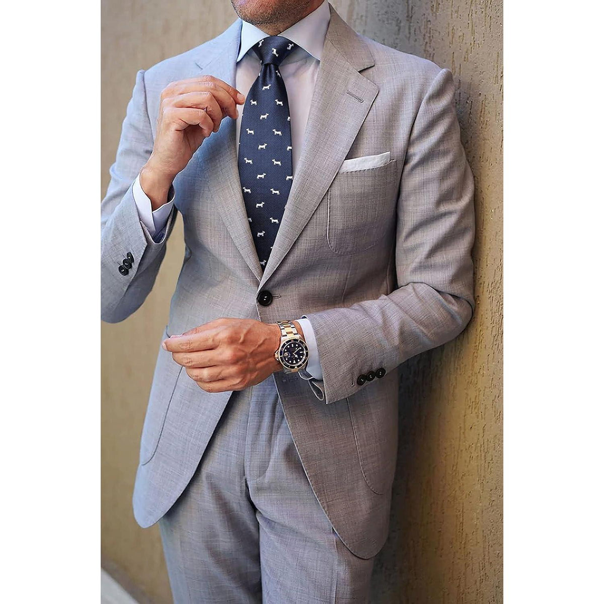 Herren Krawatten Set mit Einstecktuch, Hundemuster, Marineblau