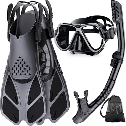 Schnorchelset Erwachsene mit Flossen Dry Top Schwimmflossen