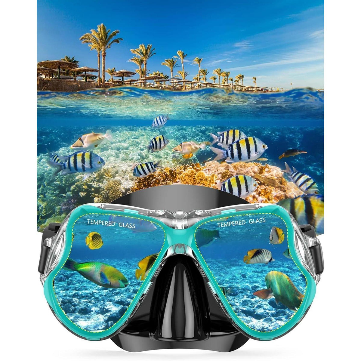 Schnorchelset Erwachsene mit Flossen, Panorama Maske, Dry Top Schnorchel, Schwarzgrün L-XL